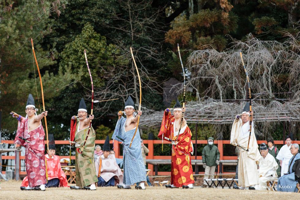 Participants line up during Musha Jinji at Kamigamo Shrine.