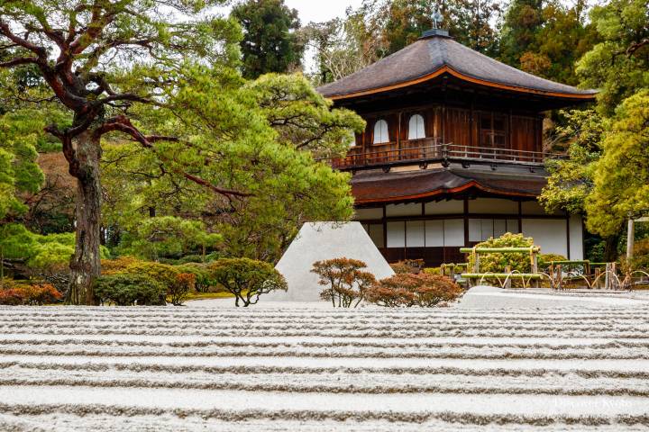 The Kannon-den Silver Pavillion and raked sand garden at Ginkaku-ji temple.