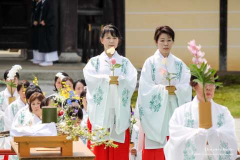 Women carry small vases during Kadō Matsuri at Daikaku-ji.
