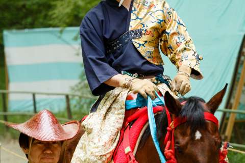 An archer displays his traditional clothing at the Mounted Archery Ritual at Shimogamo Shrine.