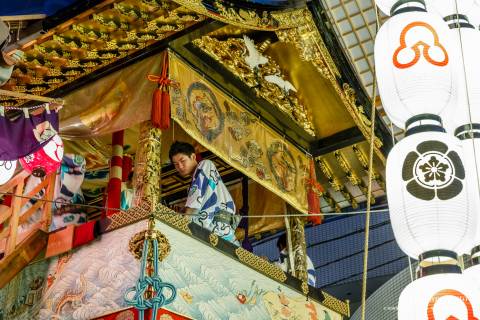 Musician atop a float during the Yoiyama nights of Gion Matsuri.