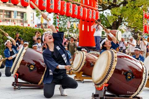 A taiko drum group perform during the Motomiya-sai festival at Fushimi Inari shrine.