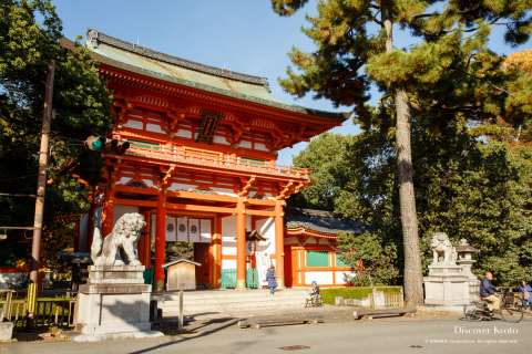 The rōmon gate and lion-dogs at Imamiya Shrine.