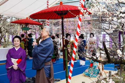 Tea ceremony pavillion and umbrellas during the Baikasai tea ceremony at Kitano Tenmangu shrine.