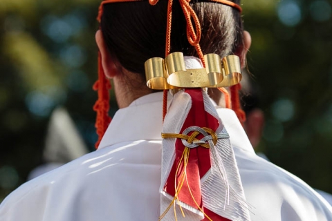 The hair ornaments of a priestess during the Yoroi Kizome-shiki at Kamigamo shrine.