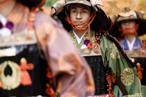 An person in armor during the Yoroi Kizome-shiki at Kamigamo shrine.