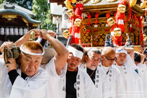 Local men carry the portable shrine during the Awata Taisai at Awata Shrine.