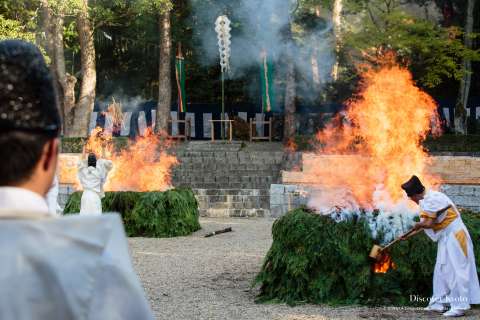 Three fires are lit during the Hitaki-sai Fire Festival at Fushimi Inari.