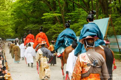 Archers dressed in traditional costumes at the Mounted Archery Ritual at Shimogamo Shrine.