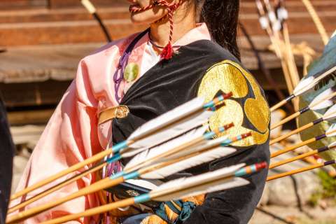 Each archer wears a distinctive costume at the Kasagake Shinji at Kamigamo Shrine.