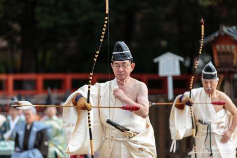 Priests participate in Musha Jinji at Kamigamo Shrine.