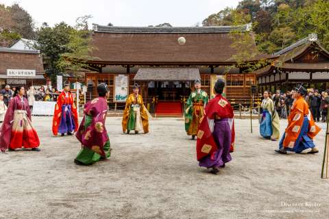 Kemari players in a ring during Kigen-sai at Kamigamo Shrine.