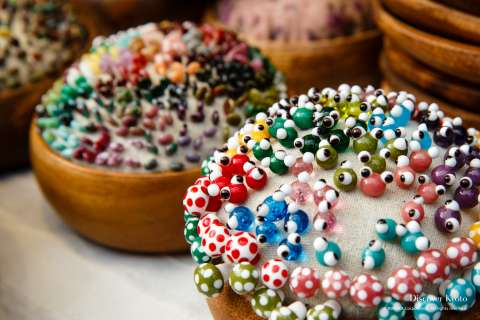 Artistic pins on sale at the Shimai Tenjin at Kitano Tenmangū.
