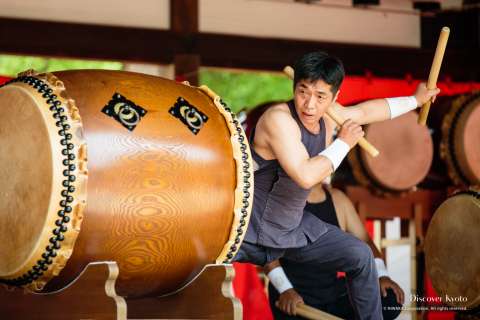 A drummer performs at Ajisai Matsuri at Fujinomori Shrine.