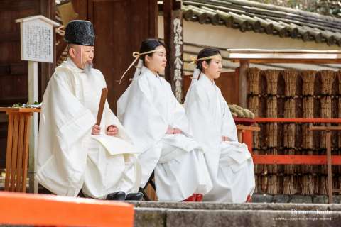 Priests and priestesses during the Nagashibina at Shimogamo shrine.